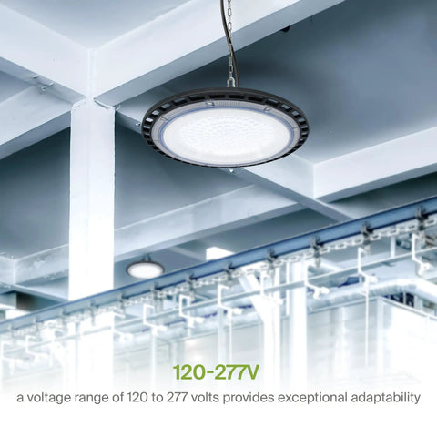 UFO LED High Bay Light 150W Dimmable, 19,479 Lumens, 5000K Daylight hanging in industrial space 120-277V view