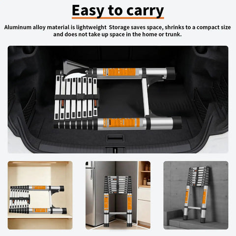 12.5 Ft Telescoping A Frame Ladder for Home Roof and RV Use, Heavy Duty Go To Step Ladder With EN131 Safety Certification, Supports Up To 330 Lbs, 20cm Inner Tube Overlap, Wide Non Slip Feet, Rock Solid Stability. Folded aluminum ladder stored in a car trunk