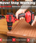 21V Max Brushless Cordless Hammer Drill Driver Kit With Two 2.0Ah Batteries used on wooden surface, hand-held