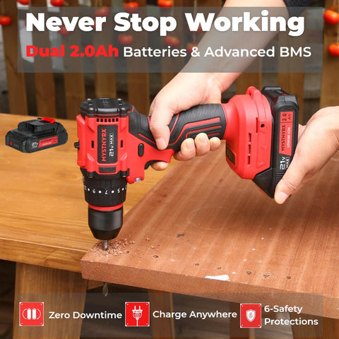 21V Max Brushless Cordless Hammer Drill Driver Kit With Two 2.0Ah Batteries used on wooden surface, hand-held