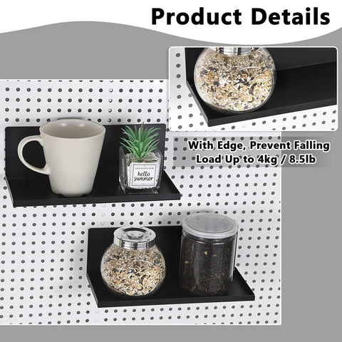Six Pack Magnetic Pegboard Shelves With Lip Edge For Garage And Workshop And Craft Room 10x4.3 Inch Metal Pegboard Display Trays Wall Mount Storage Accessories No Drill Install Strong Magnetic Back showing installed shelves with items