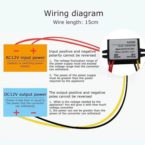 Wiring diagram for Badass Waterproof Step Down Voltage Converter AC DC Power Module with input and output power details.