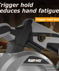 20V Cordless Circular Saw Featuring Brushless Motor And 5 Inch Compact Build Includes 4 Amp Hour Battery And Fast Charger close-up of trigger hold button.