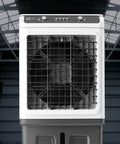 Industrial Portable Evaporative Swamp Cooler With Mobile Water Mist Setup front view, featuring manual controls and a large airflow fan.