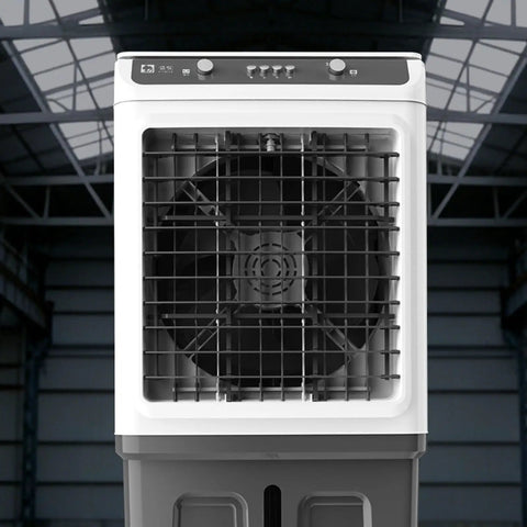 Industrial Portable Evaporative Swamp Cooler With Mobile Water Mist Setup front view, featuring manual controls and a large airflow fan.