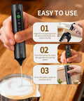 Dope Rechargeable Handheld Milk Frother Wand With Stand, 3 Speed Settings, 3 Stainless Steel Whisks, making frothy milk.