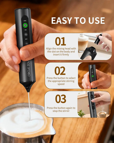 Dope Rechargeable Handheld Milk Frother Wand With Stand, 3 Speed Settings, 3 Stainless Steel Whisks, making frothy milk.