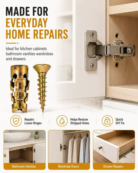 6x14mm Door Hinge Repair Kit for loose cabinets and furniture, displaying M6 short expansion inserts and wood anchors for hinge restoration.