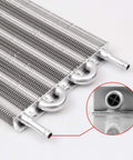 Huge 6 Row Aluminum Transmission Oil Cooler Kit With Pass Tube And Fin Design For Universal Fitment To Chill Engine, Trans Or Rear Diff Fluid and Boost Performance Today, 6-row aluminum cooler close-up