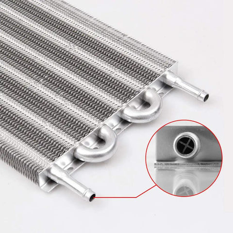 Huge 6 Row Aluminum Transmission Oil Cooler Kit With Pass Tube And Fin Design For Universal Fitment To Chill Engine, Trans Or Rear Diff Fluid and Boost Performance Today, 6-row aluminum cooler close-up