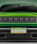 Front view of a green vehicle displaying the Lock Down Rustproof License Plate Screws Kit With Heavy Duty Anti Vibration Bolts And Theft Proof Covers.