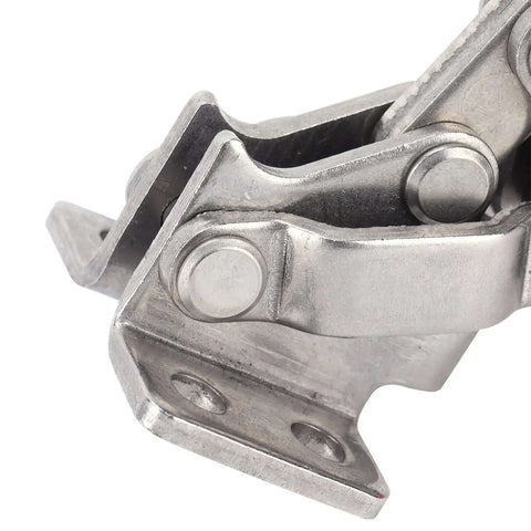 Close-up of Stainless Steel Toggle Clamp With Ergonomic Plastic Cover Handle showing metal construction and hinges.