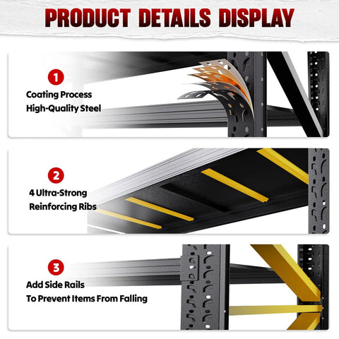 6000 Lbs Heavy Duty Metal Garage Shelving Unit 4 Tier Adjustable Storage Racks showing coating process and reinforcing ribs.