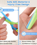 Toddler Safety Scissors 4-Piece Set With Blunt Tips For Preschoolers, showing kid-friendly ABS material and rounded tips.