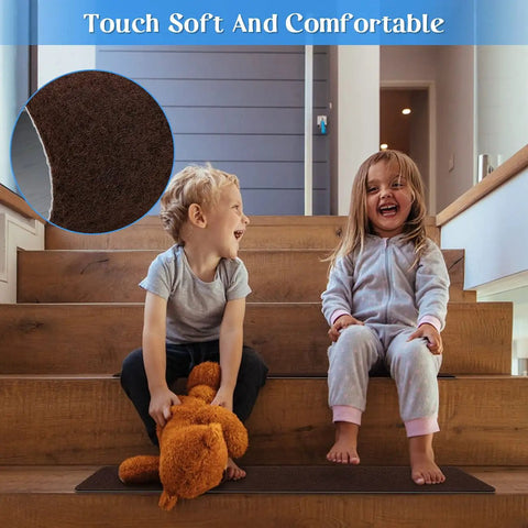 Children sitting on wooden stairs with Non Slip Stair Treads Carpet Indoor 14 Pack For Wooden Steps Anti Moving Stair Rugs.