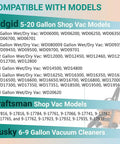 Compatibility chart for Replacement VF6000 Filter For 5 To 20 Gallon Wet Dry Shop Vacuums including Ridgid, Craftsman, Husky models