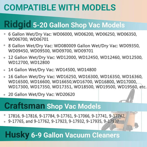 Compatibility chart for Replacement VF6000 Filter For 5 To 20 Gallon Wet Dry Shop Vacuums including Ridgid, Craftsman, Husky models