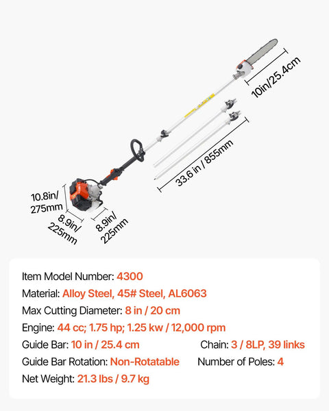 Gas Pole Saw With 43cc Two-Stroke Engine, 10 Inch Bar, 11.7 Ft Reach, 12,000 RPM, 1.75 HP Power, diagram with measurements