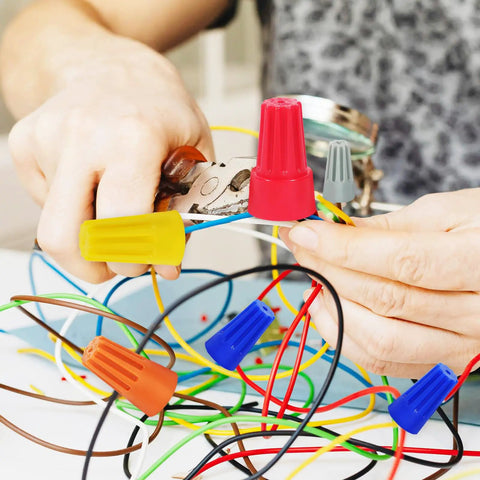 Person using pliers to assemble wires with Diyers Wire Nuts Assortment Kit 1500 Pcs Insulated Twist Connectors, 5 Sizes