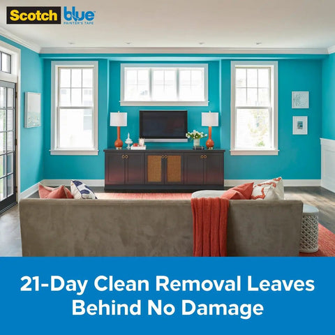 Living room with aqua walls and beige sofa, highlighting DIY Ready Pre Plastic Painters Tape With Bladed Dispenser for damage-free edges.