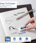 Nicpro Blocky Gear 0.9 mm Mechanical Pencil Set In Metal Case With 2 Tubes 0.9 Hb Lead Refills shown sketching and erasing.