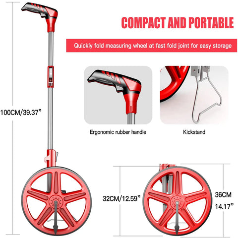 Distance Measuring Wheel With Marking Flags, 12 Inch Collapsible Design, ergonomic handle, and kickstand details