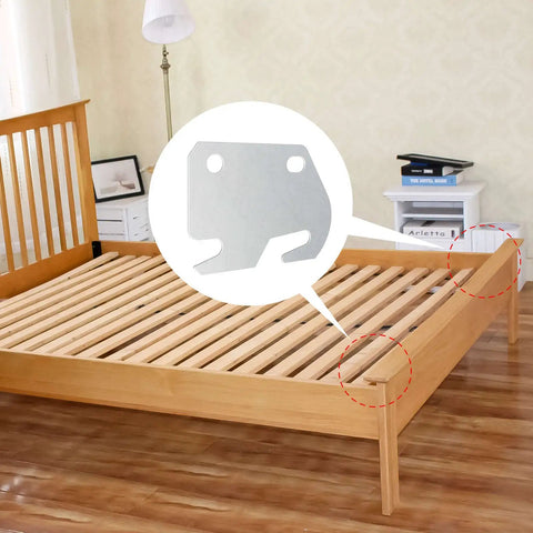 Heavy Duty Bed Rail Hooks For Wooden Bed Frame Brackets and Steel Hardware Plates connecting headboard and footboards on a wooden bed.