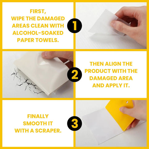 Application process for RV Roof Patch Kit With 8 White 4x6 Inch Patches, 8 Alcohol Wipes, and a Yellow Scraper for stopping leaks.