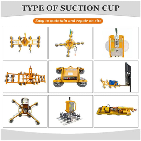Various types of suction cups showing heavy duty electric glass vacuum lifter with slick suction tech for architectural panels.
