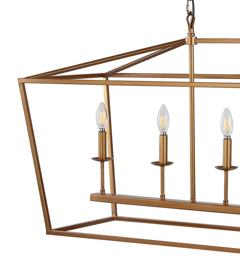 Solid Six Light Pagoda Pendant Ceiling Lamp Offering Wide Forty Nine Inch Open Wire Cage Frame Finished In Classy Antique Gold Color with LED bulbs.