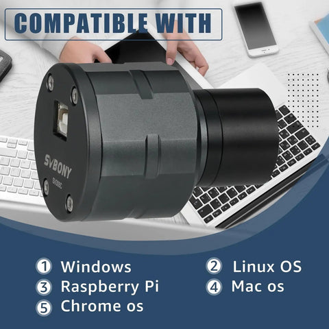 Astrophotography Camera For Planetary And Moon Imaging SV305C 2.1MP IMX662 on desk, hand holding, compatible with multiple OS