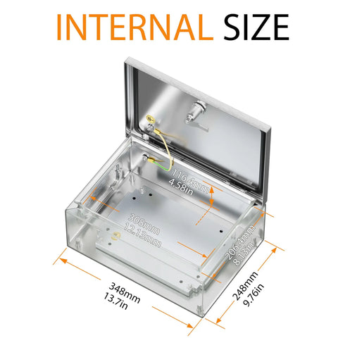 Internal dimensions of Built Tough 304 Stainless Steel Electrical Enclosure Box IP65 Weatherproof Sealed Housing 14X10X6 Inch.