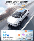 Tesla Model Y with glass roof sunshade blocking sunlight, highlighting heat insulation effectiveness for 2025 2026 Model Y Juniper.