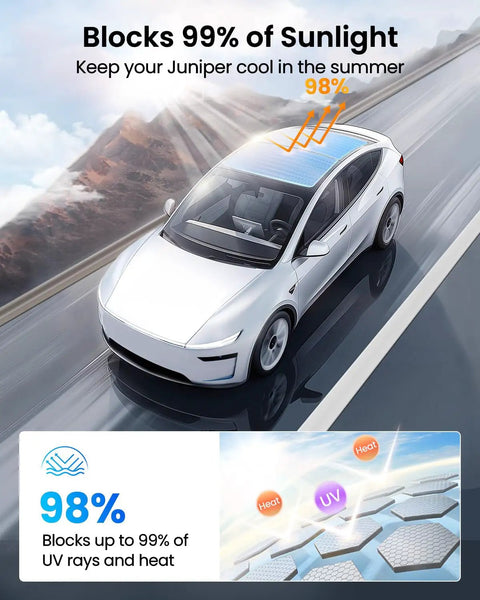 Tesla Model Y with glass roof sunshade blocking sunlight, highlighting heat insulation effectiveness for 2025 2026 Model Y Juniper.