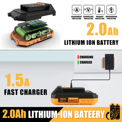 Your Go To Cordless Brushless Drill Kit 20V With 2Ah Battery And Charger showing 2.0Ah lithium-ion battery and charging features