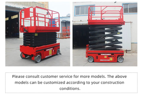 Heavy Duty Tracked Scissor Lift Featuring Hydraulic Work Platform For Rough Terrain Sites shown from side and front angles in a workshop.