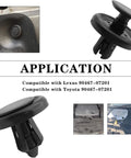Close-up of black nylon push-type retainer clips for Toyota and Lexus, compatible with 90467-07201, showing application on engine panels.