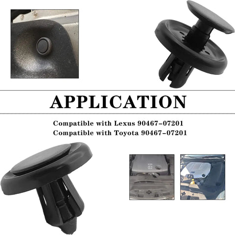 Close-up of black nylon push-type retainer clips for Toyota and Lexus, compatible with 90467-07201, showing application on engine panels.