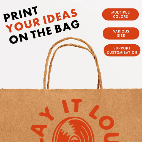 Close-up of Go-To Custom Kraft Paper Bags With Handles, 100 Pack, 12.6 Inches By 4.3 Inches By 9.8 Inches, Dual Sided Printing For Names Or Logos