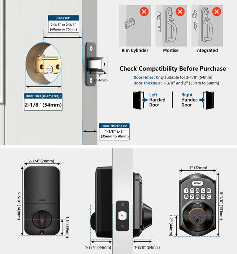 Fingerprint Door Lock With Keyless Entry Electronic Keypad Deadbolt No Fuss Setup Auto Lock 20 Fingerprints shown with dimensions