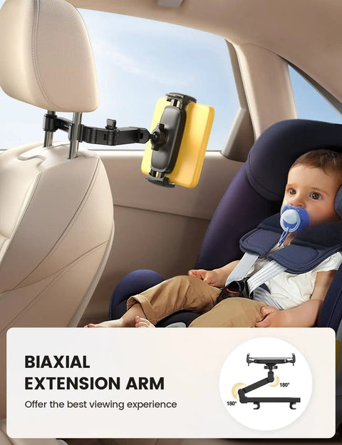 Backseat Tablet Mount With Three In One Extension Arm For Car Headrest Adjustable Holder Fits 4.7 To 11 Inch Tablets Like Ipad Pro Galaxy Fire Road Trip Must Have For Kids Easy To Use And Kid Friendly shown in use with child in car seat