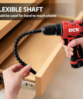 Person using Brushless Cordless Drill Kit With 12V Max Power, 310 In Lbs Torque in drawer with flexible shaft attachment
