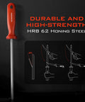 Intimidator Bait Knife And Filet Set Honing Rod with non-slip handle and sharpening instructions on black background