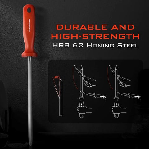 Intimidator Bait Knife And Filet Set Honing Rod with non-slip handle and sharpening instructions on black background