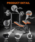 Six In One Weight Bench Set With Leg Press Preacher Curl Rack Adjustable Workout Bench And Squat Rack showing detailed parts