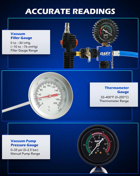Boss Grade 34 Piece Coolant Vacuum Refill And Pressure Diagnostic Tester Kit showing vacuum filler gauge, thermometer, and pressure gauge.