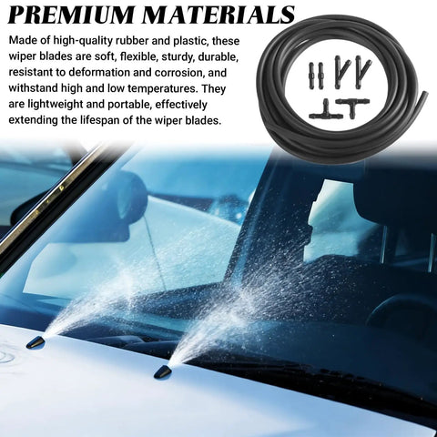 Top Shelf Universal Windshield Washer Hose Repair Kit With Four Meter Fluid Tubing six connectors and nozzles spraying water on windshield.