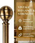 Antique bronze brass curtain rod with vintage design next to text highlighting elegance and strength in a classic room setting.