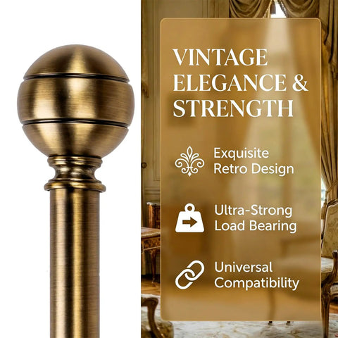 Antique bronze brass curtain rod with vintage design next to text highlighting elegance and strength in a classic room setting.
