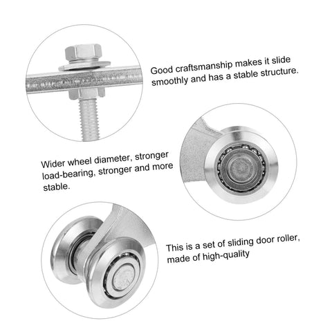 Close-up of heavy duty industrial door track rollers with steel wheels and bearings for sliding doors, cabinets, and closets.